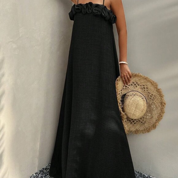 Black Casual Women's Floral A-Line Elegant Sleeveless Dress - Picture 5 of 5